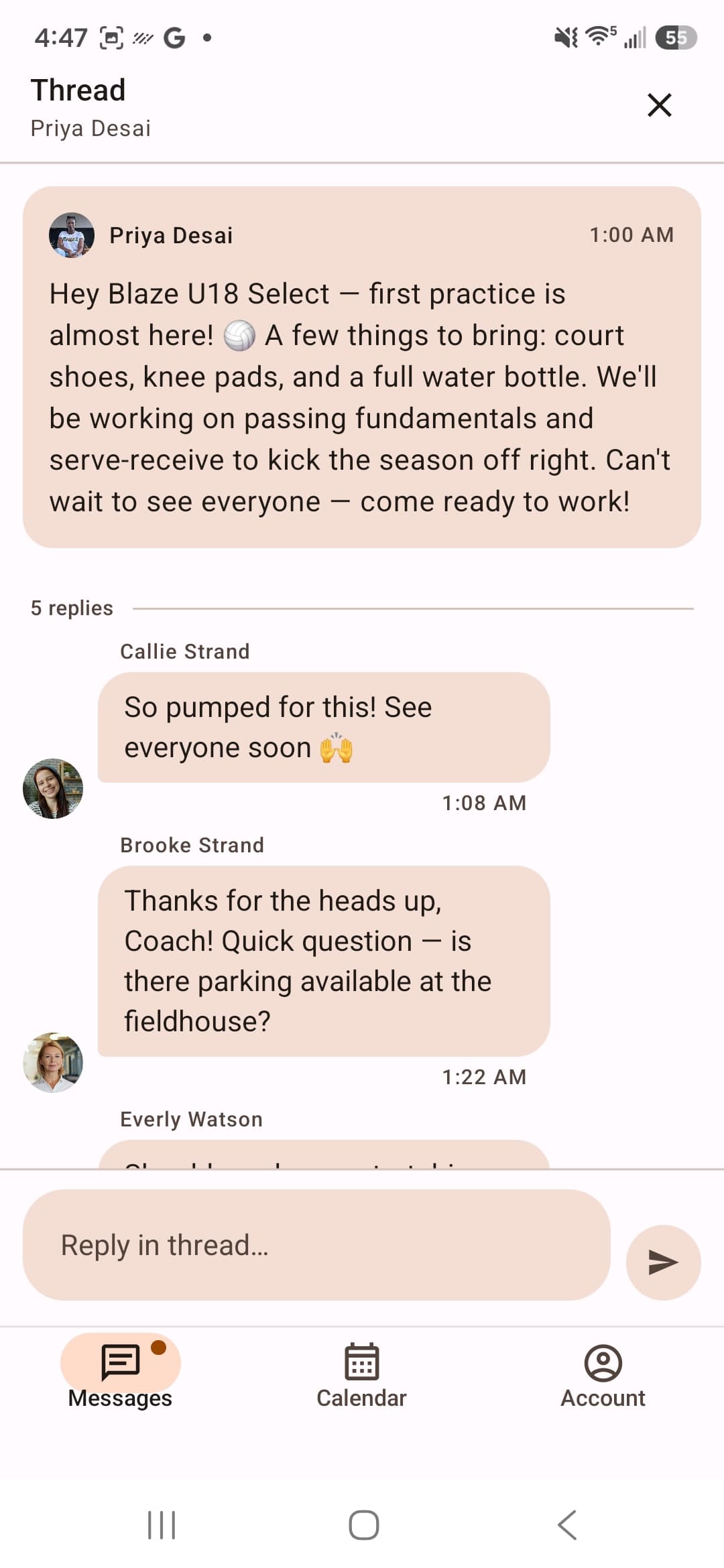 Team Bloom app — team messaging with threaded replies